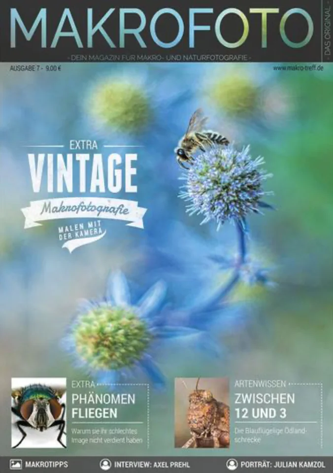 Titelseite MAKROFOTO – Ausgabe 7 „Vintage-Makrofotografie“ · Bildserie über Fliegen · Makro-Treff